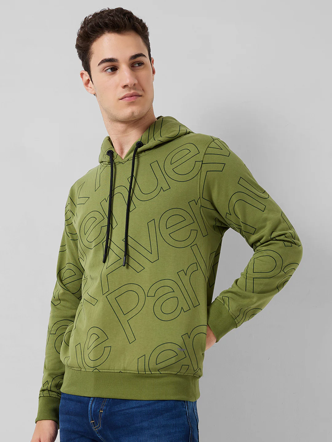 Park Avenue Men Green Print Slim Fit Cotton Blend Sweatshirt - Image 2
