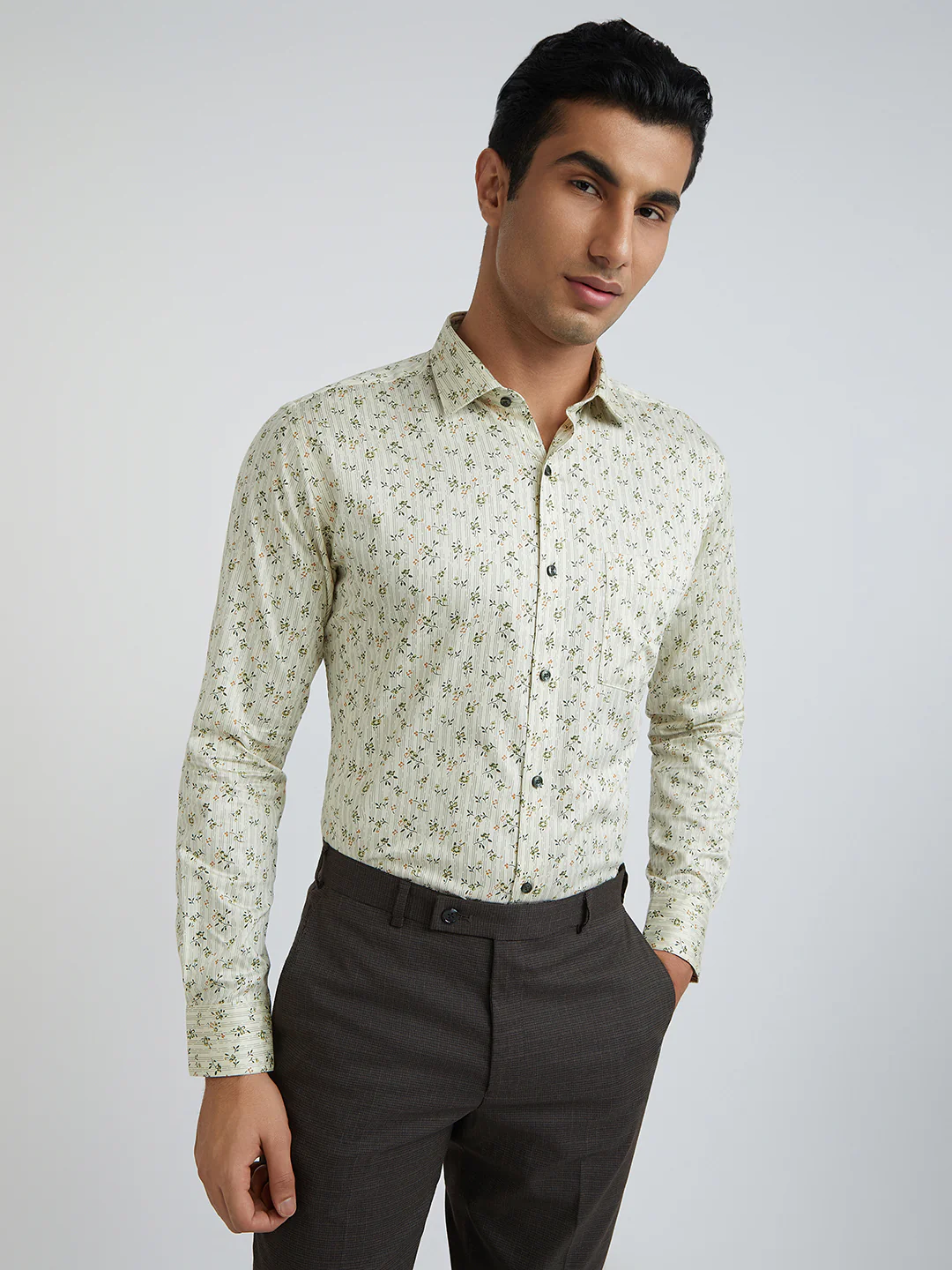 Park Avenue Men Green Print Slim Fit Cotton Formal Shirt
