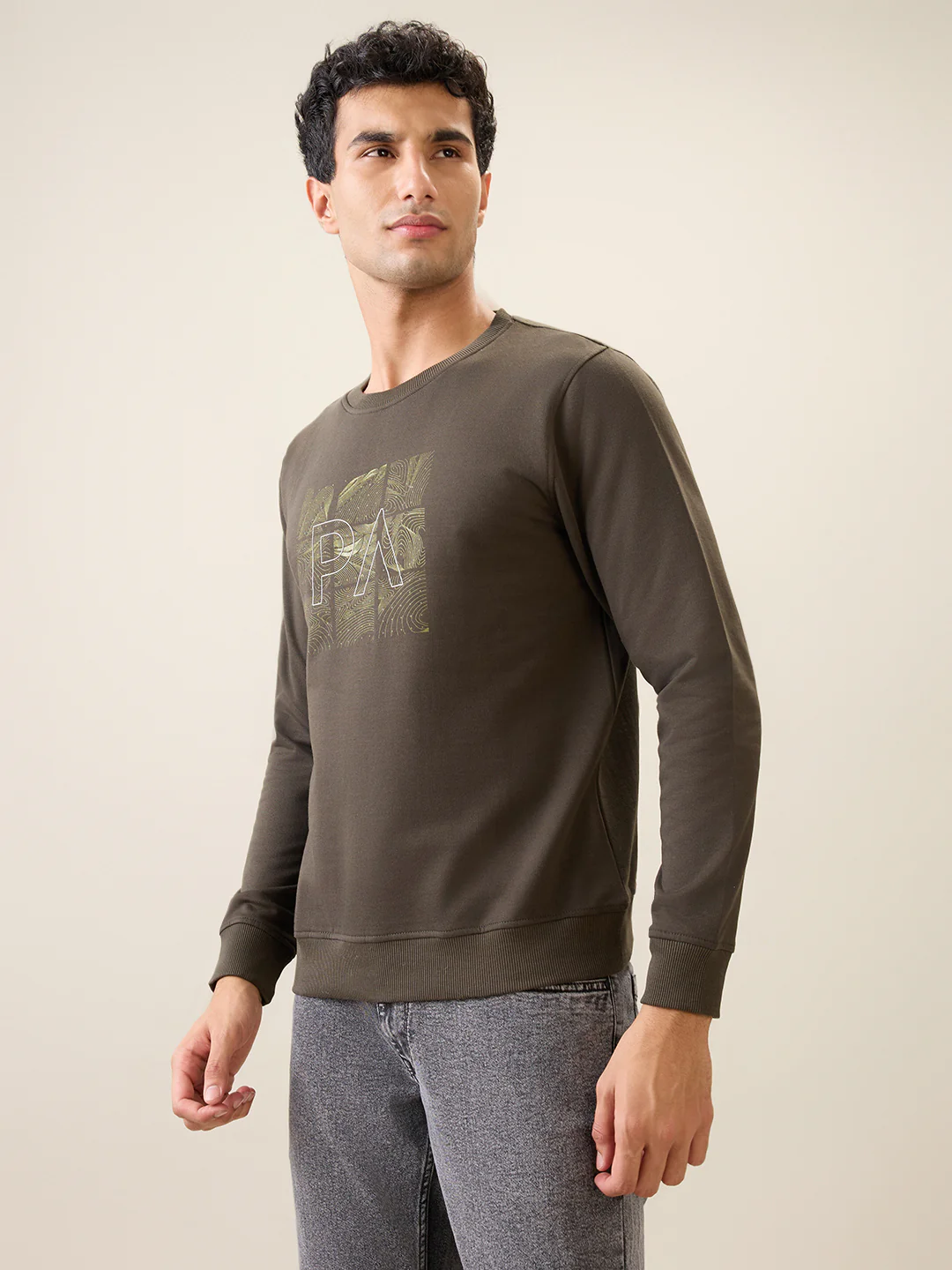 Park Avenue Men Green Printed Slim Fit Cotton Blend Round Neck Collar Sweatshirt - Image 2