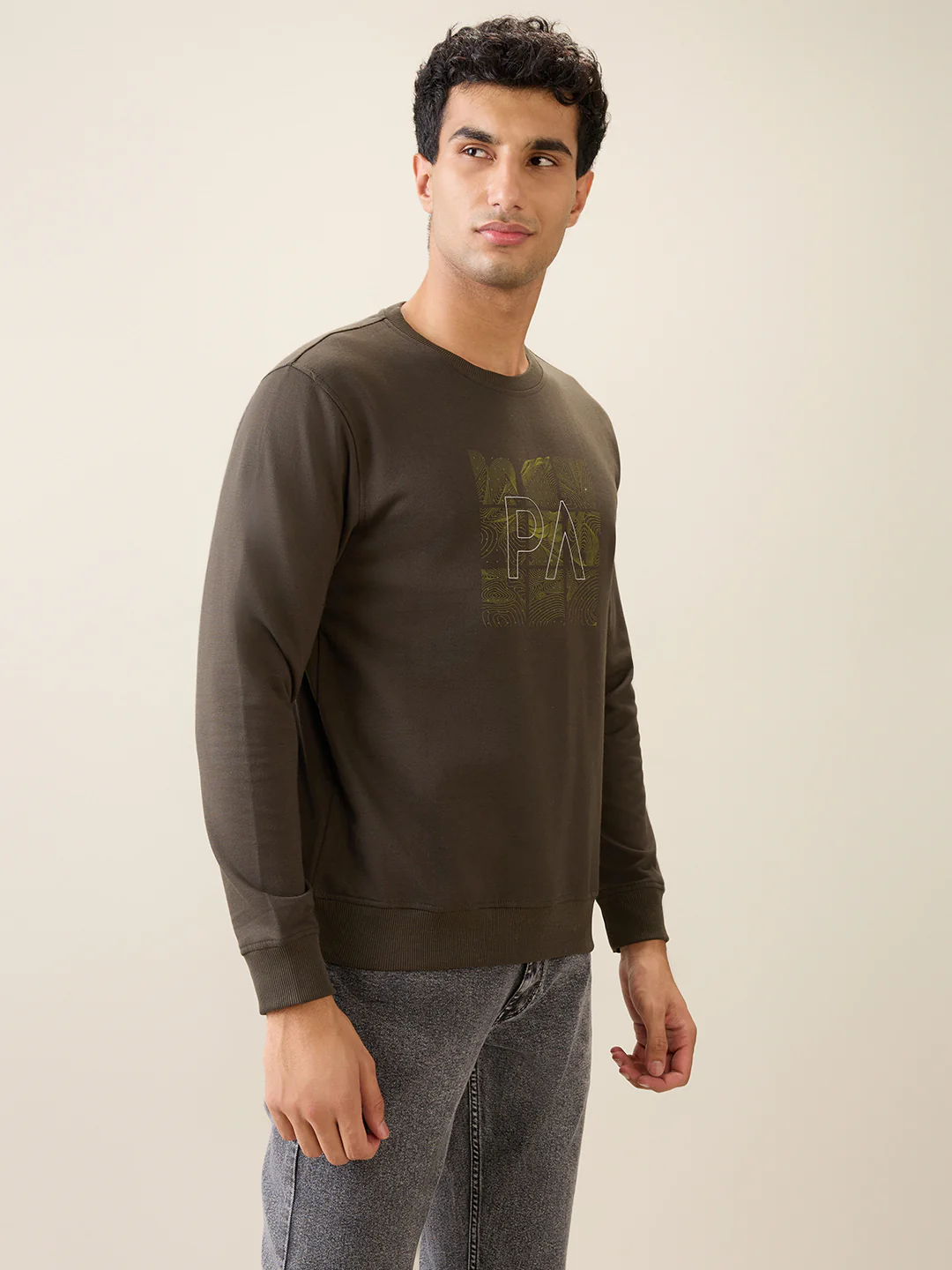 Park Avenue Men Green Printed Slim Fit Cotton Blend Round Neck Collar Sweatshirt - Image 3