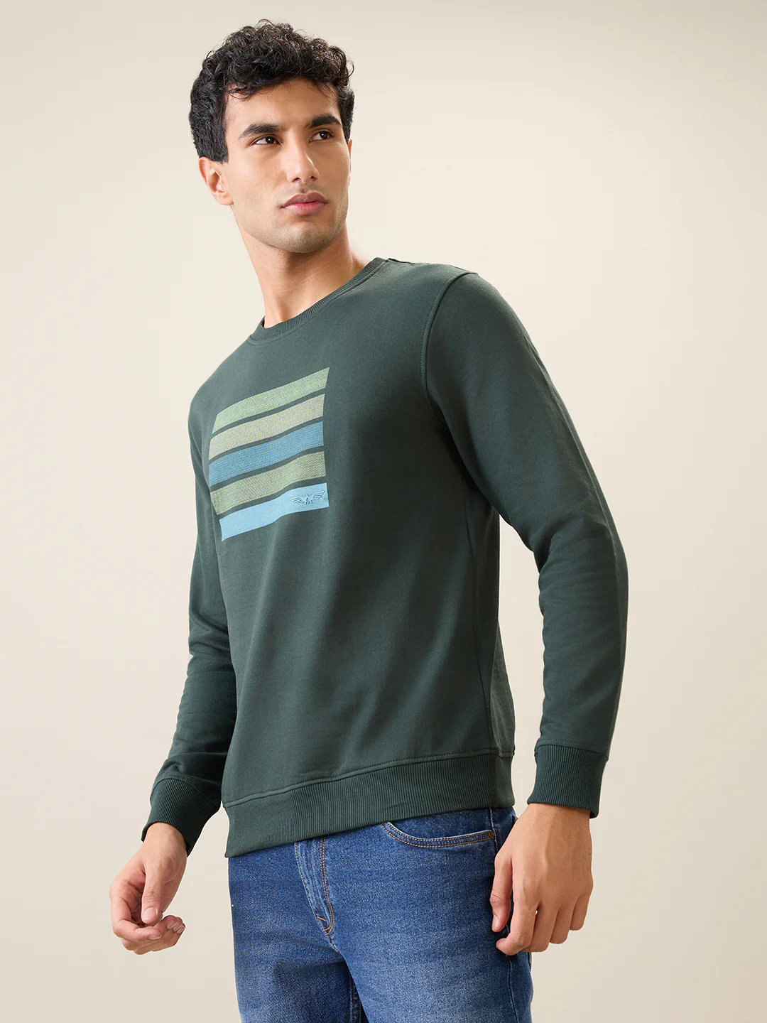 Park Avenue Men Green Printed Slim Fit Cotton Blend Round Neck Collar Sweatshirt - Image 2