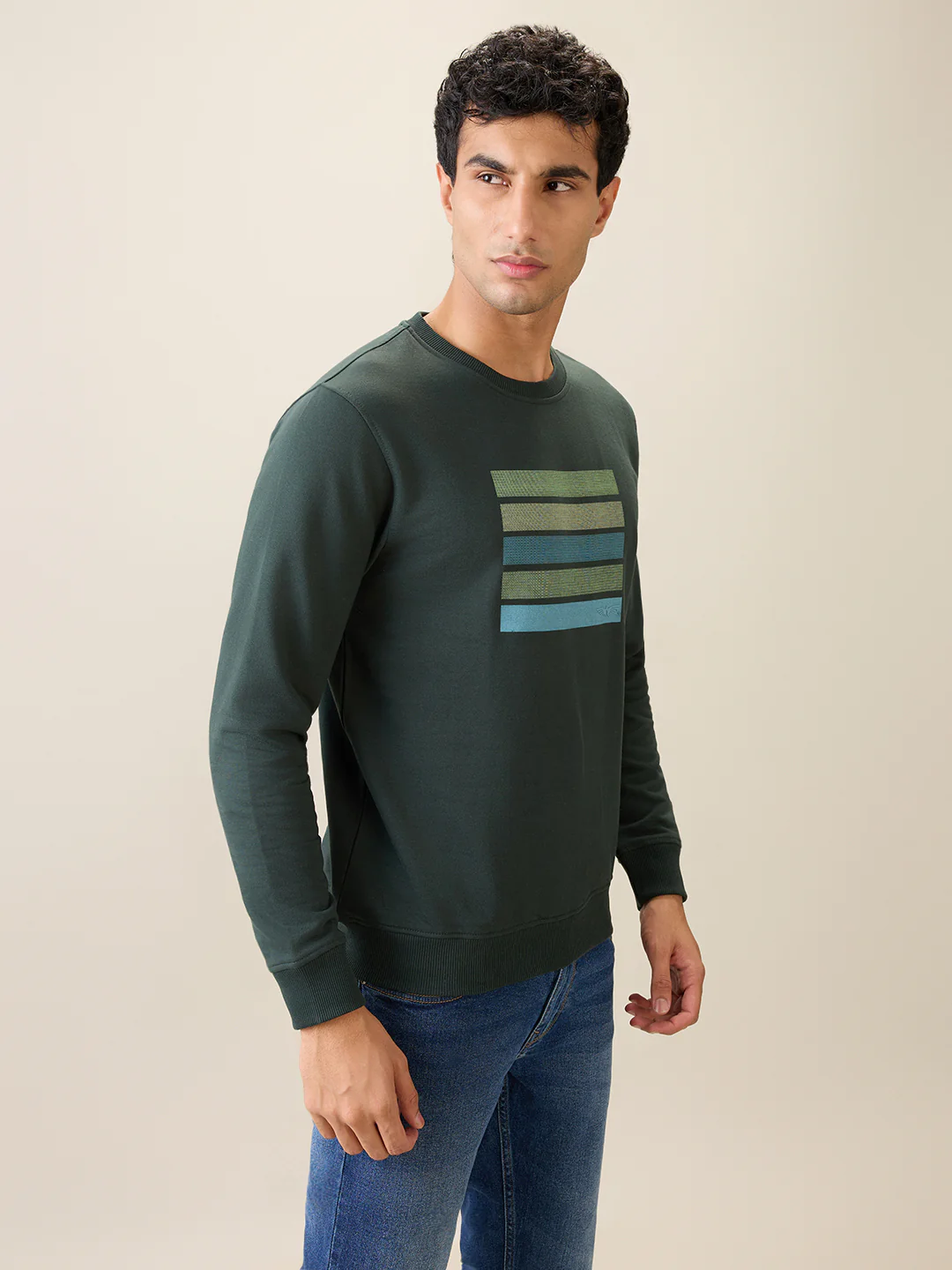 Park Avenue Men Green Printed Slim Fit Cotton Blend Round Neck Collar Sweatshirt - Image 3