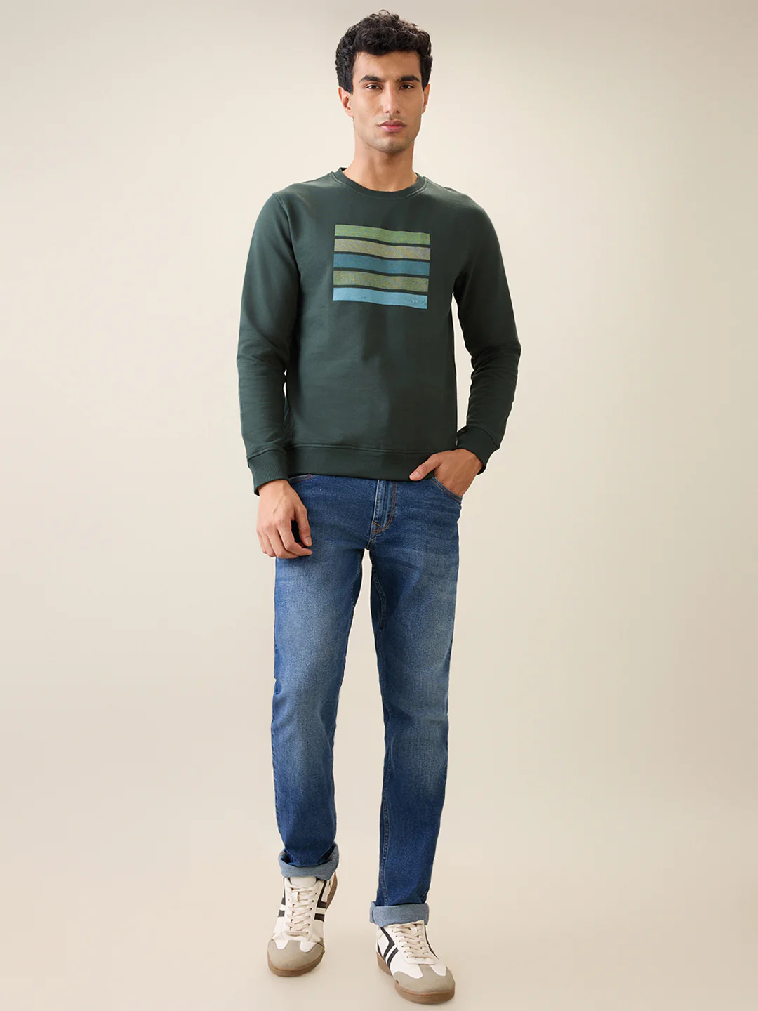 Park Avenue Men Green Printed Slim Fit Cotton Blend Round Neck Collar Sweatshirt - Image 5