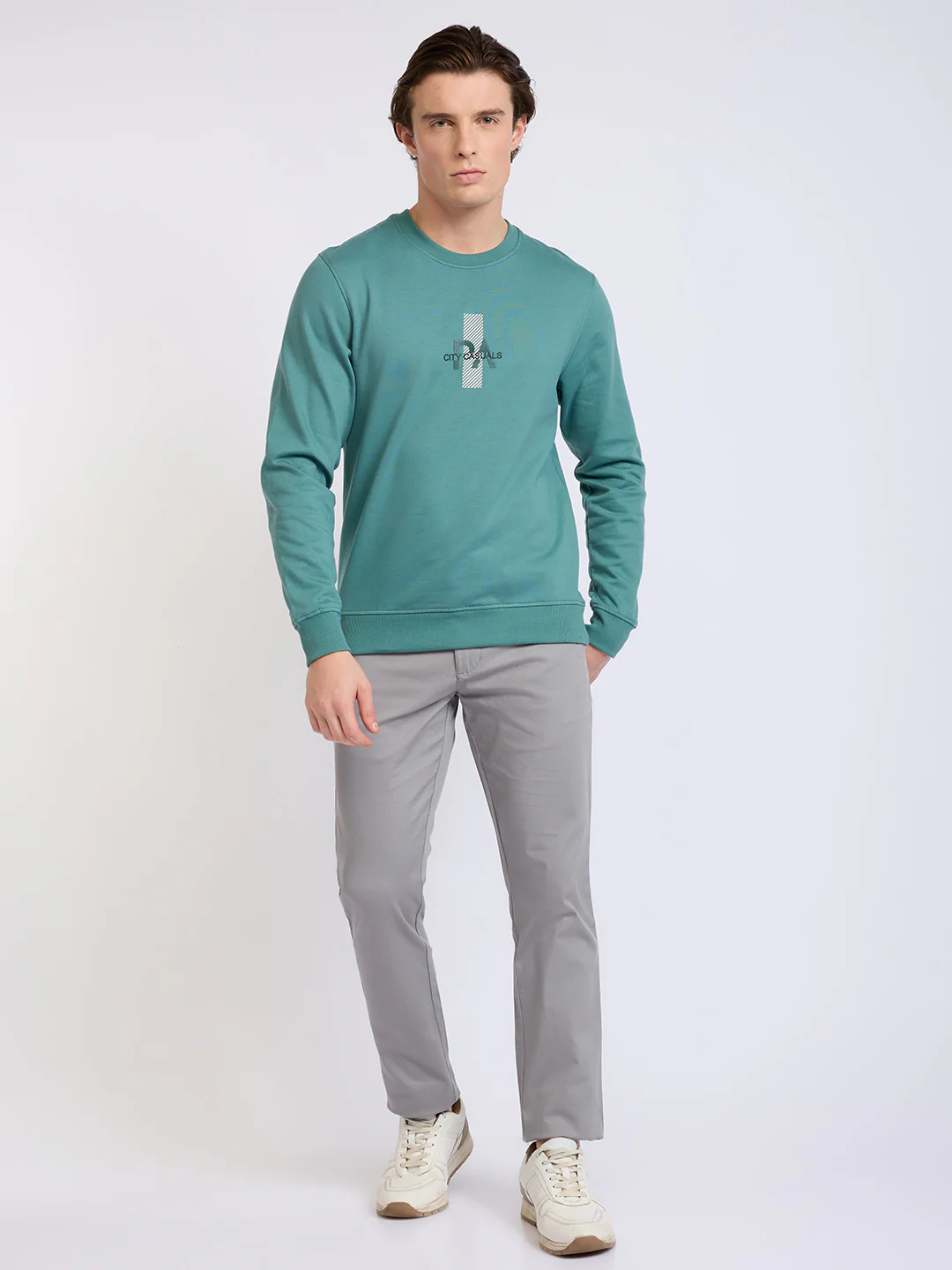 Park Avenue Men Green Printed Slim Fit Cotton Blend Round Neck Collar Sweatshirt - Image 5