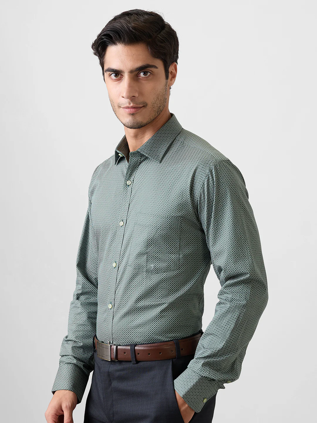 Park Avenue Men Green Printed Slim Fit Cotton Blend Shirt - Image 3