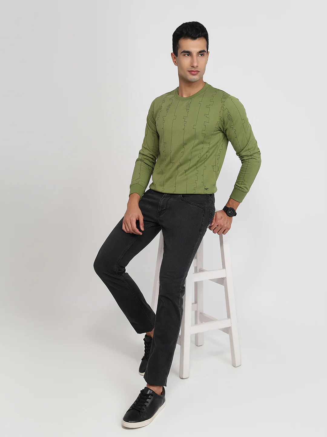 Park Avenue Men Green Printed Slim Fit Cotton Blend Sweatshirt - Image 5