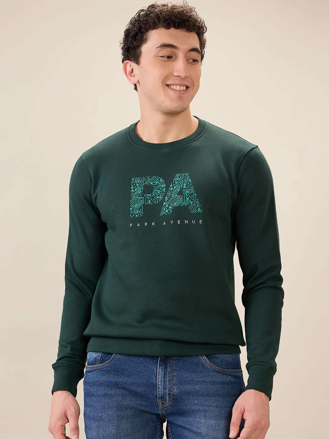 Park Avenue Men Green Printed Slim Fit Cotton Blend Sweatshirt