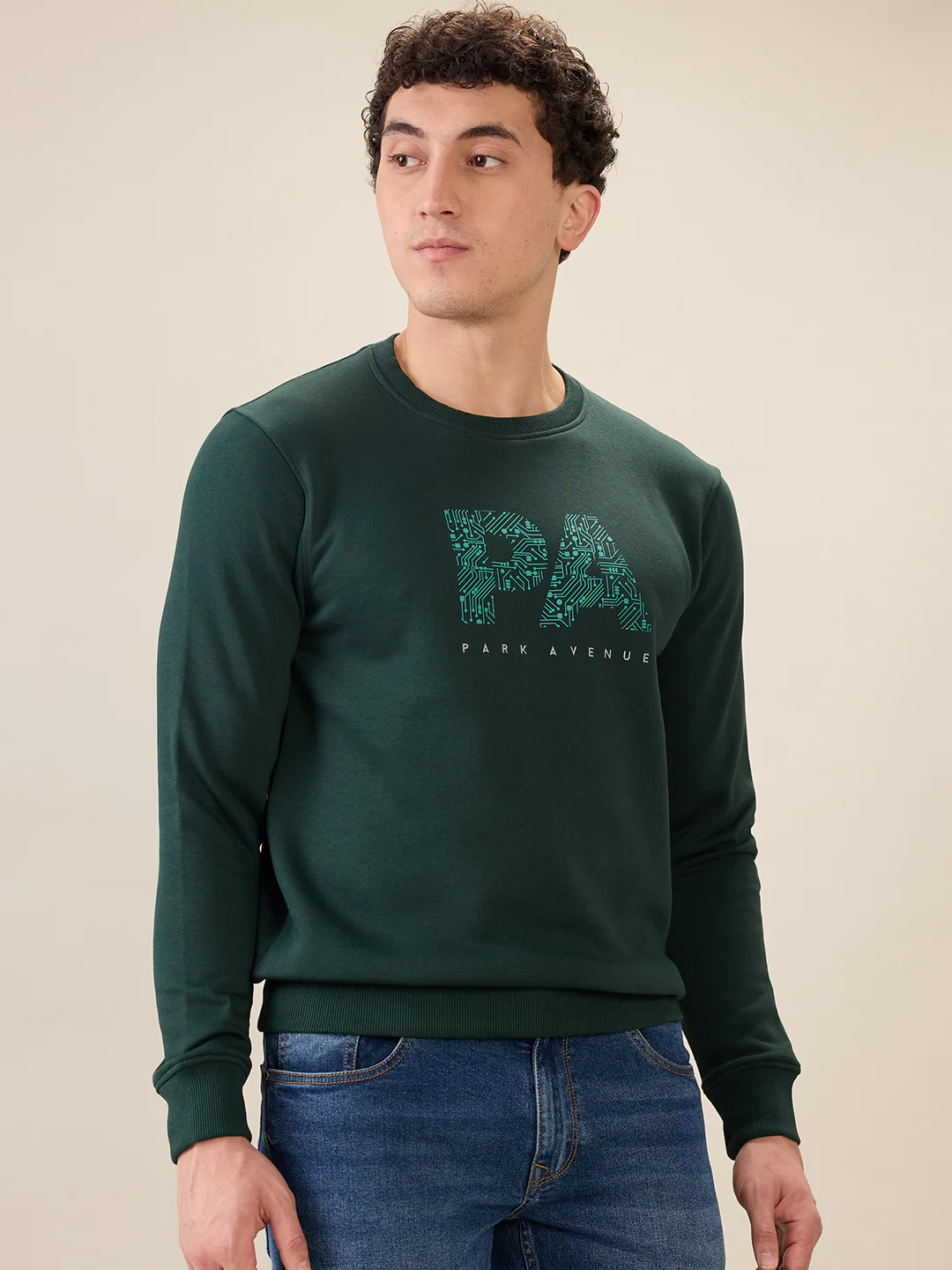 Park Avenue Men Green Printed Slim Fit Cotton Blend Sweatshirt - Image 2