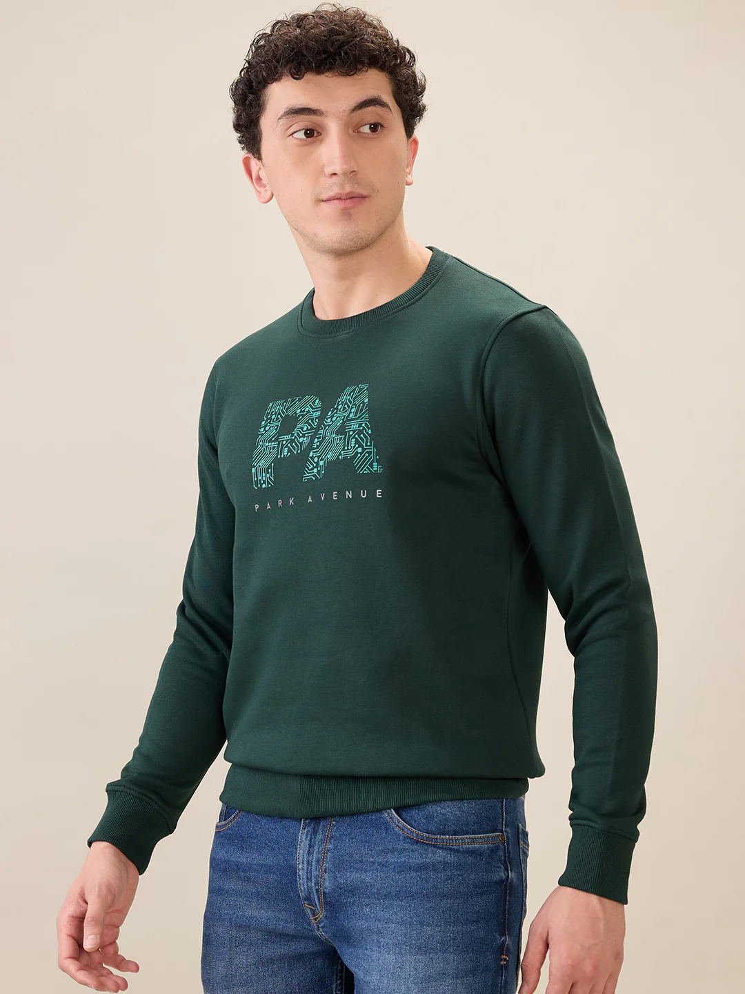 Park Avenue Men Green Printed Slim Fit Cotton Blend Sweatshirt - Image 3