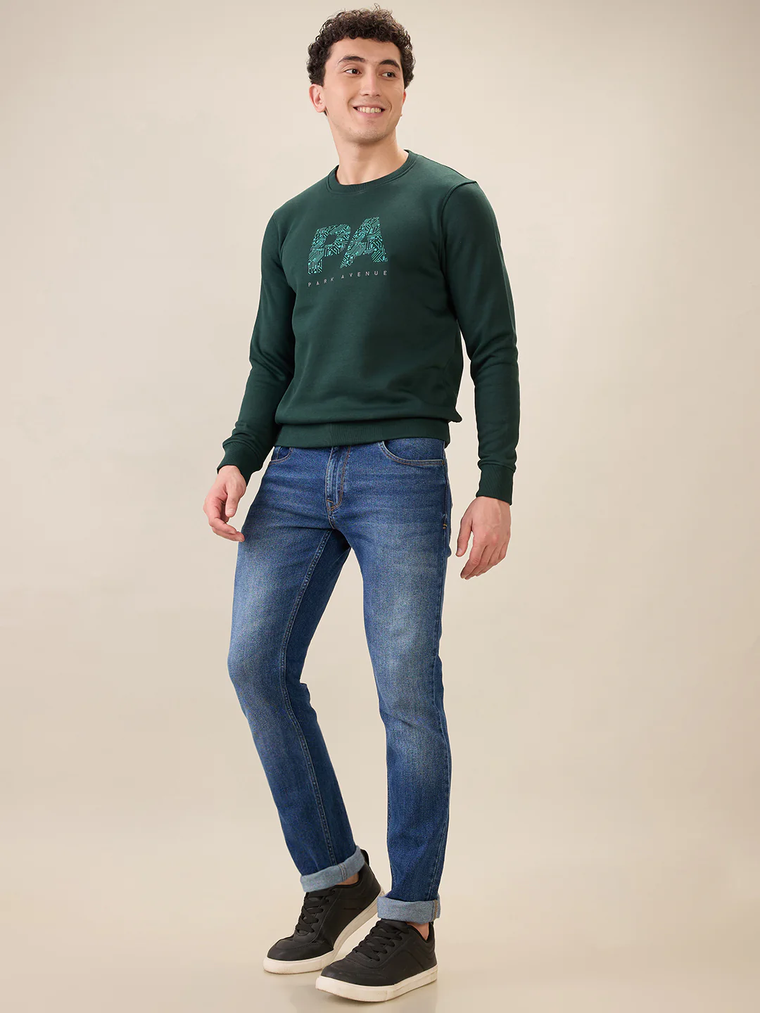 Park Avenue Men Green Printed Slim Fit Cotton Blend Sweatshirt - Image 5
