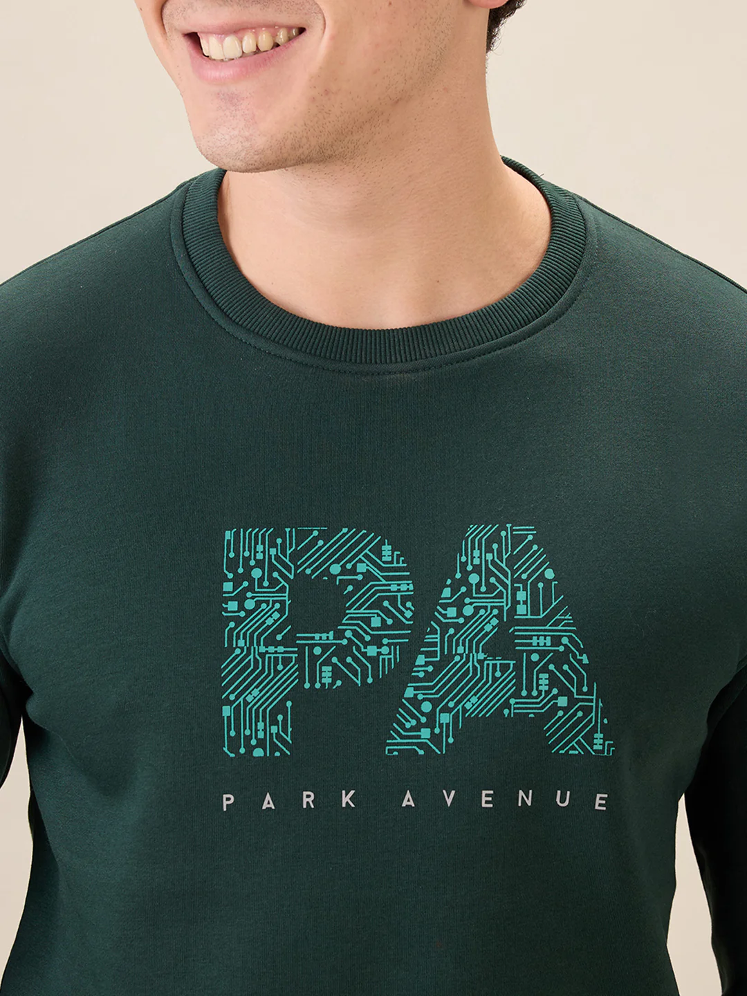 Park Avenue Men Green Printed Slim Fit Cotton Blend Sweatshirt - Image 6