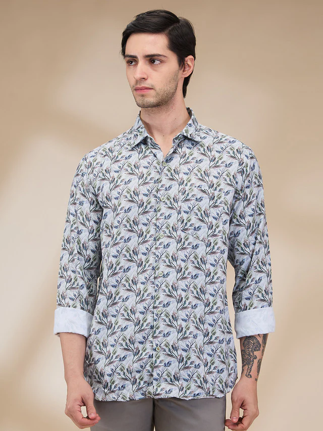 Park Avenue Men Green Printed Slim Fit Cotton Casual Shirt