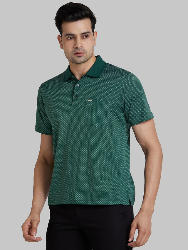 Park Avenue Men Green Printed Slim Fit Half Sleeve Polo Neck T-Shirt - Image 3