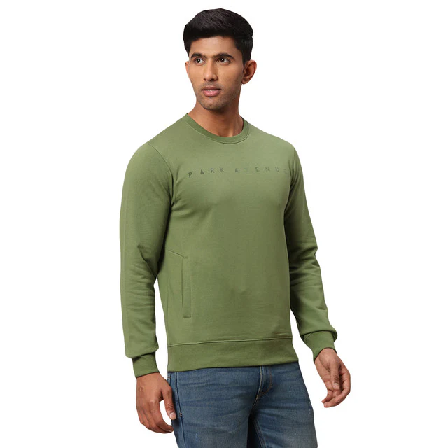 Park Avenue Men Green Slim Fit Solid Round Neck Sweatshirt - Image 2