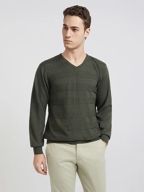 Park Avenue Men Green Solid Regular Acrylic Blend Full Sleeve Pullover
