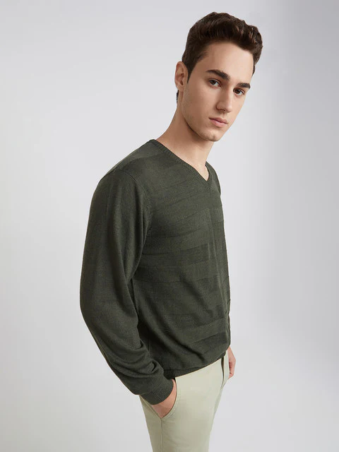 Park Avenue Men Green Solid Regular Acrylic Blend Full Sleeve Pullover - Image 3