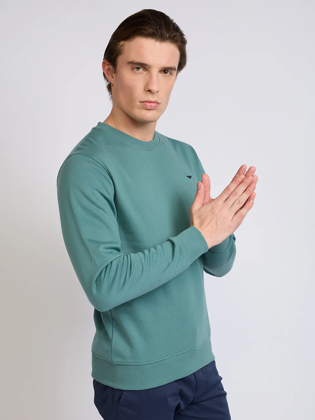 Park Avenue Men Green Solid Slim Fit Cotton Blend Round Neck Collar Sweatshirt - Image 2