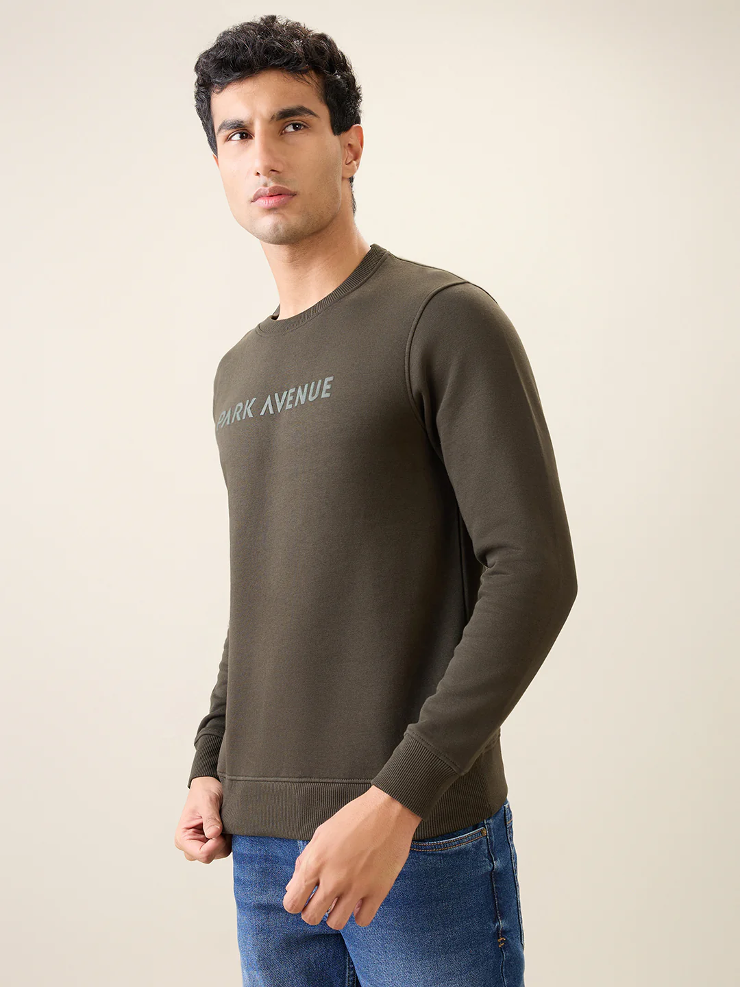Park Avenue Men Green Solid Slim Fit Cotton Blend Round Neck Collar Sweatshirt - Image 2