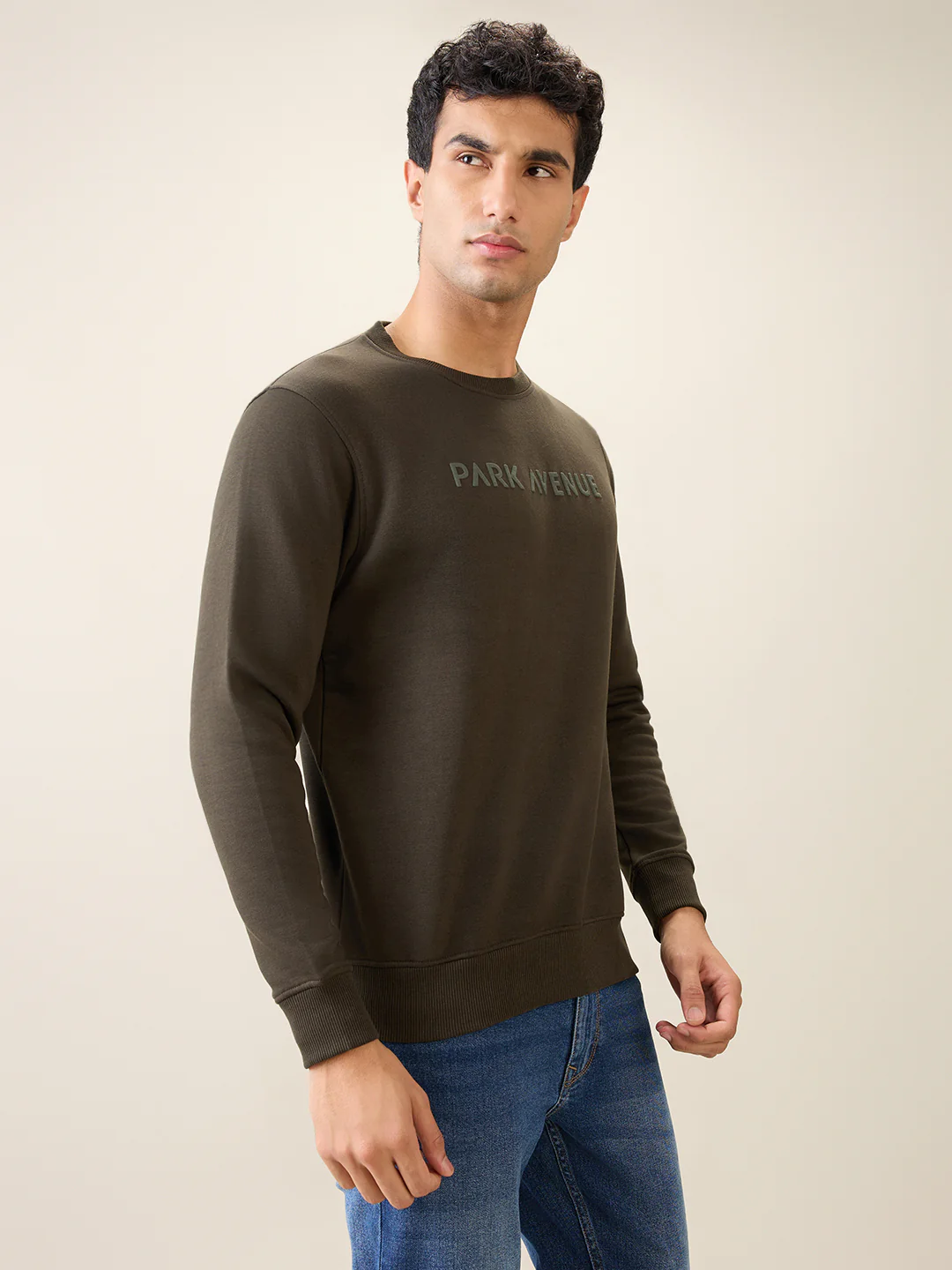 Park Avenue Men Green Solid Slim Fit Cotton Blend Round Neck Collar Sweatshirt - Image 3