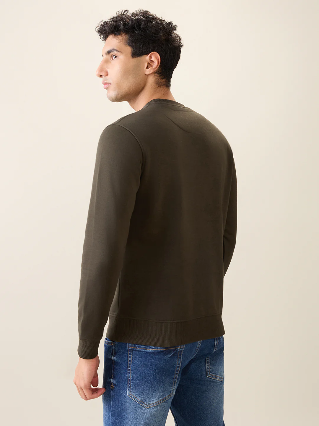Park Avenue Men Green Solid Slim Fit Cotton Blend Round Neck Collar Sweatshirt - Image 4