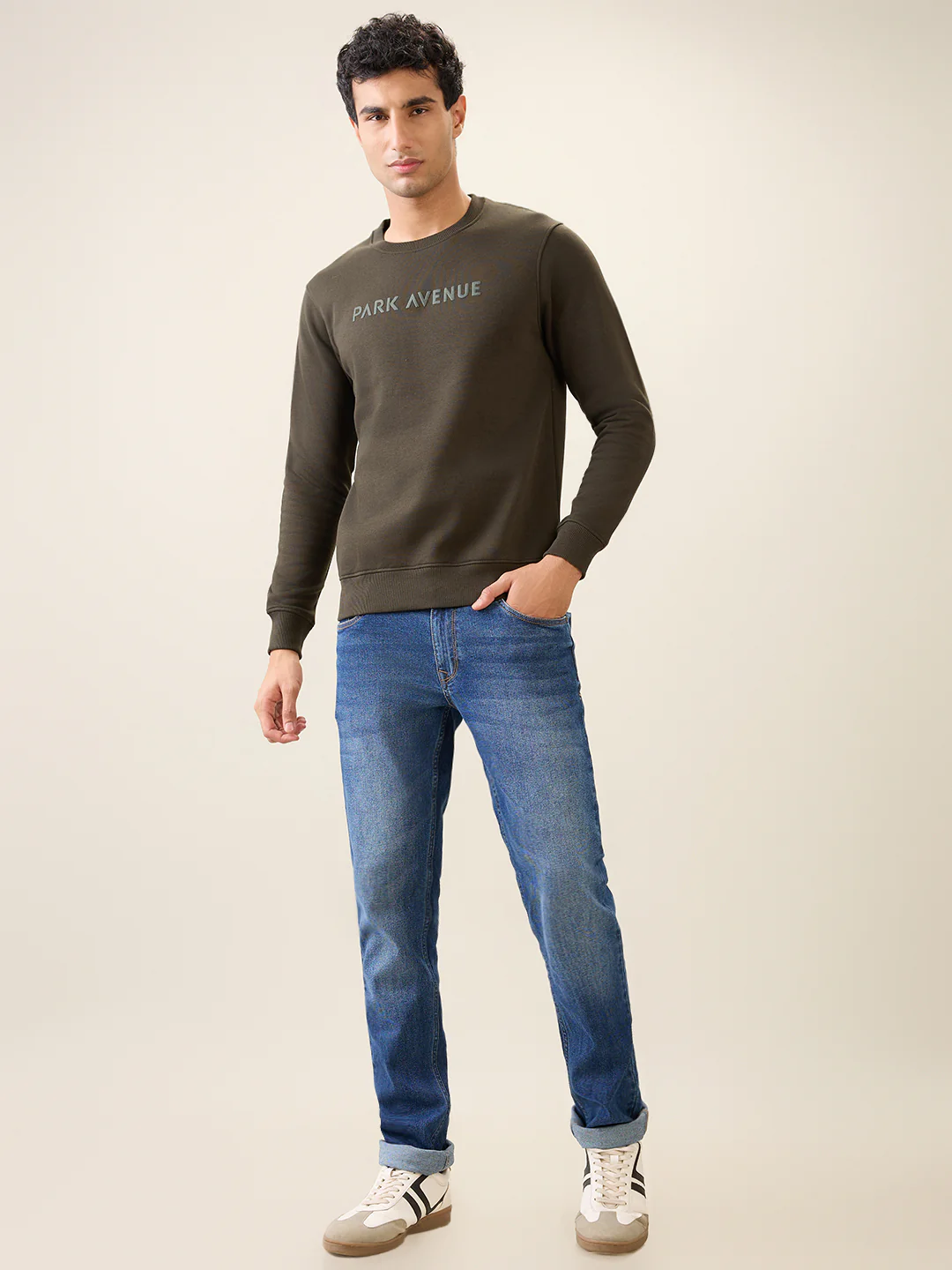 Park Avenue Men Green Solid Slim Fit Cotton Blend Round Neck Collar Sweatshirt - Image 5