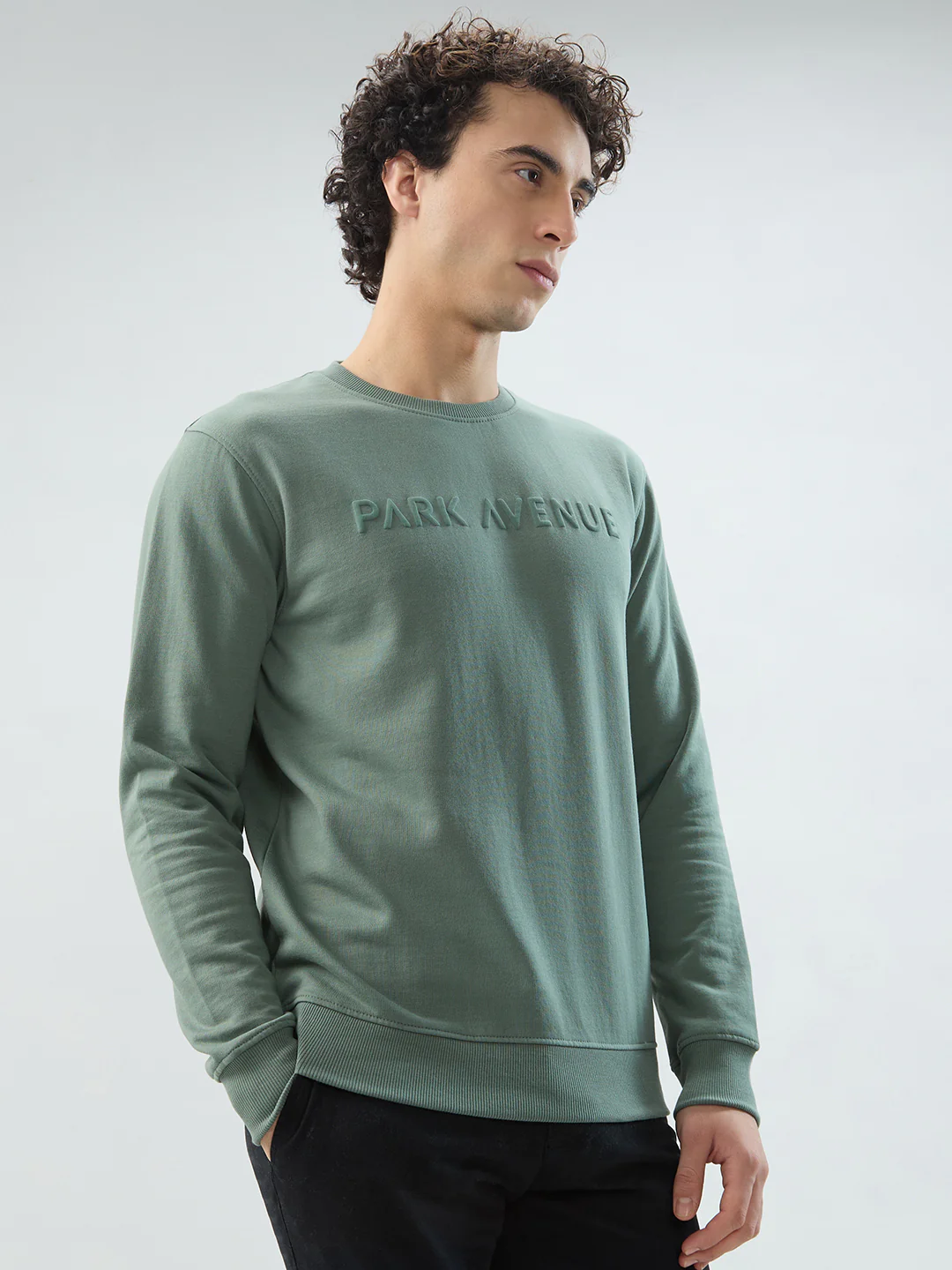 Park Avenue Men Green Solid Slim Fit Cotton Blend Sweatshirt - Image 2