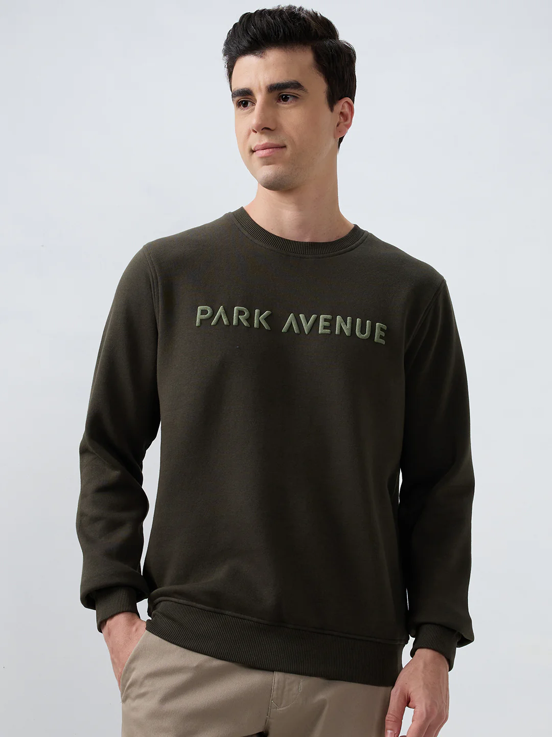 Park Avenue Men Green Solid Slim Fit Cotton Blend Sweatshirt