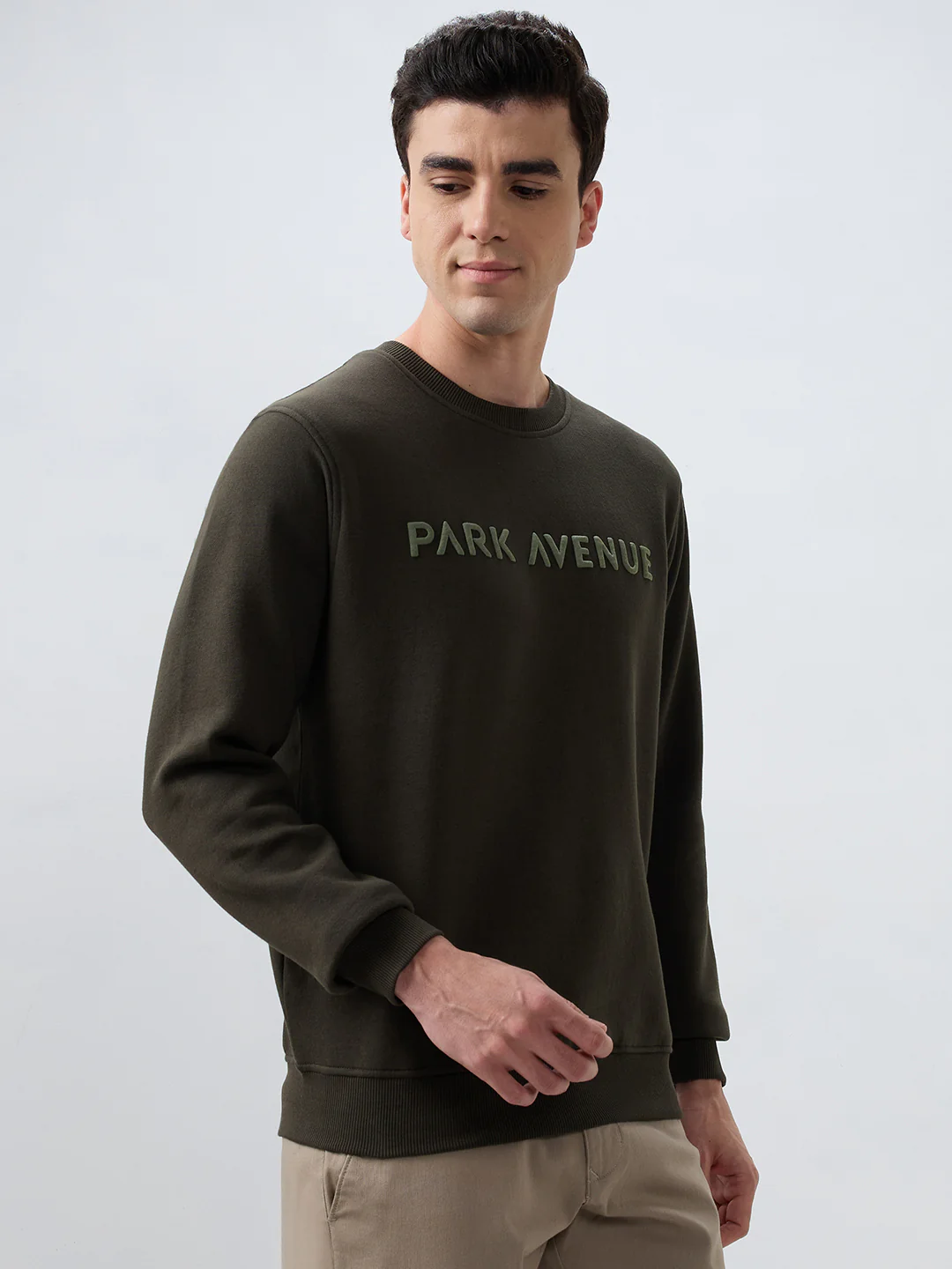 Park Avenue Men Green Solid Slim Fit Cotton Blend Sweatshirt - Image 2