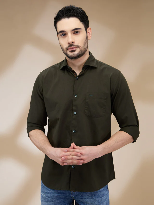 Park Avenue Men Green Solid Slim Fit Cotton Casual Shirt