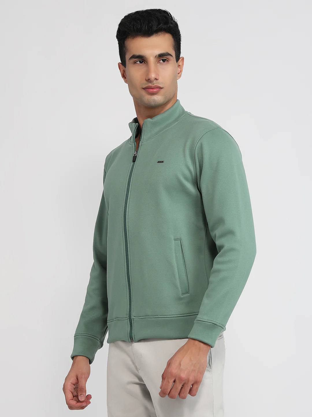 Park Avenue Men Green Solid Slim Fit Polyester Blend Sweatshirt - Image 2