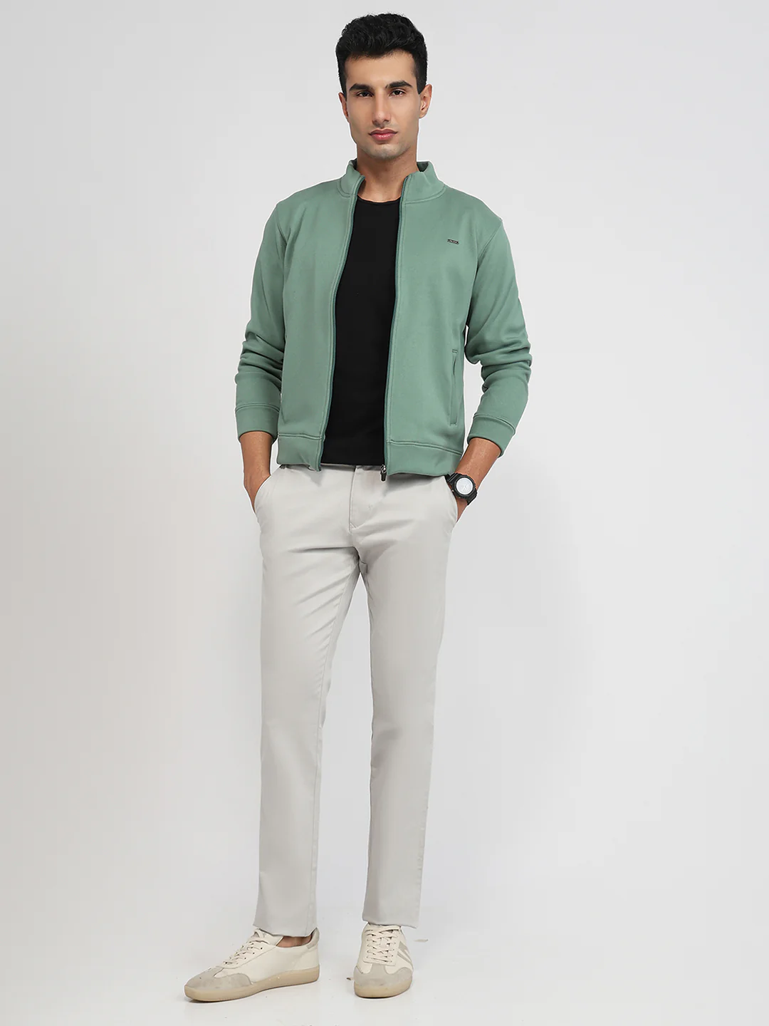 Park Avenue Men Green Solid Slim Fit Polyester Blend Sweatshirt - Image 5