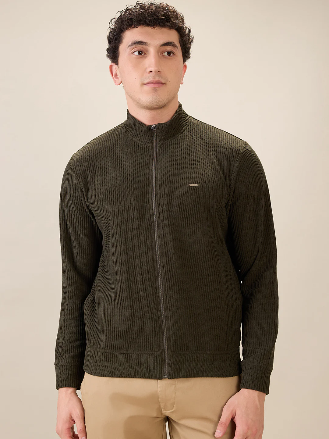 Park Avenue Men Green Solid Slim Fit Polyester Blend Sweatshirt