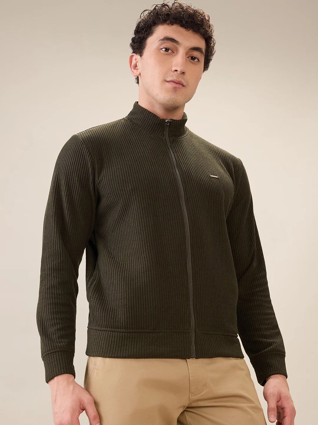 Park Avenue Men Green Solid Slim Fit Polyester Blend Sweatshirt - Image 2