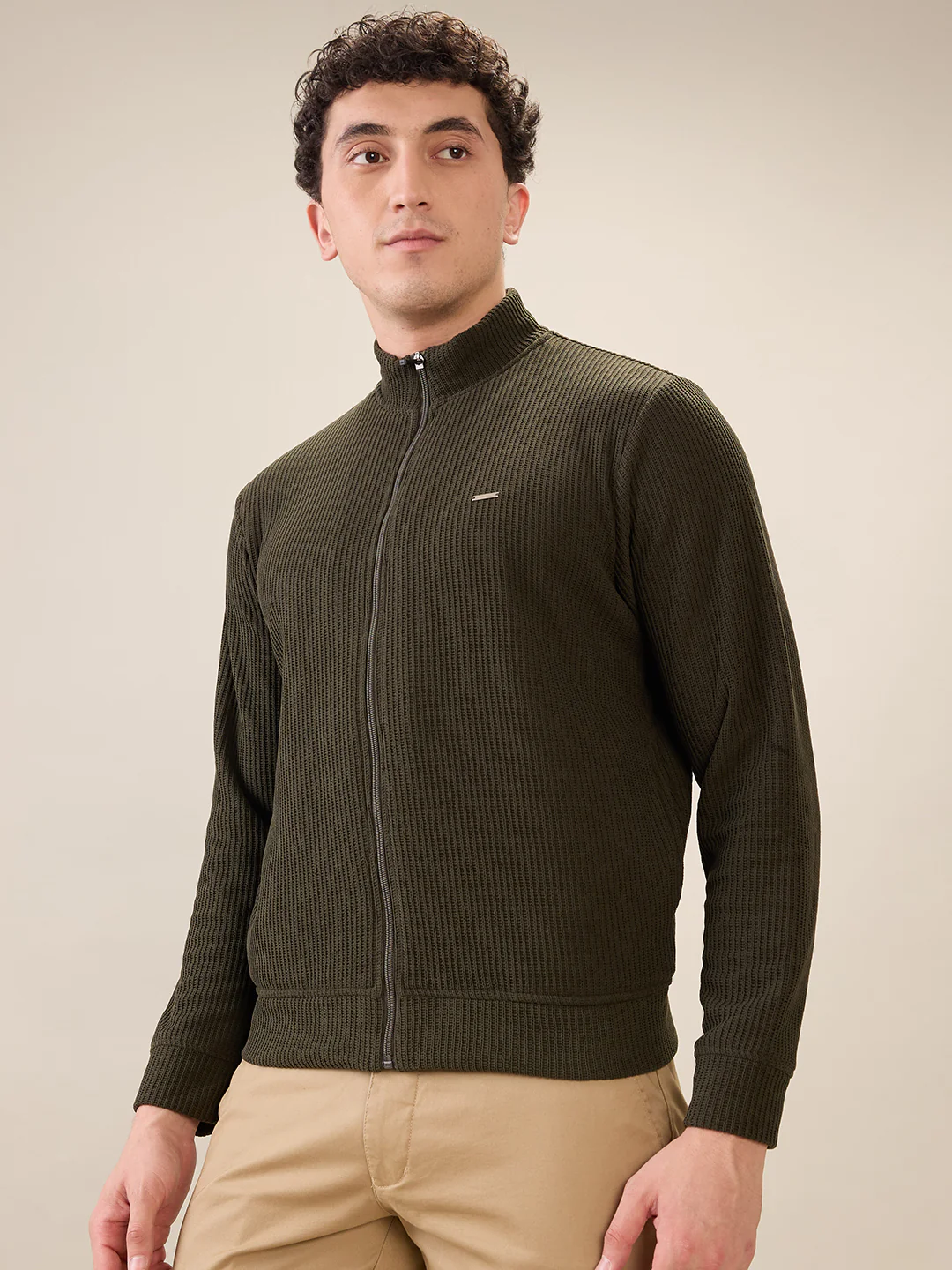 Park Avenue Men Green Solid Slim Fit Polyester Blend Sweatshirt - Image 3