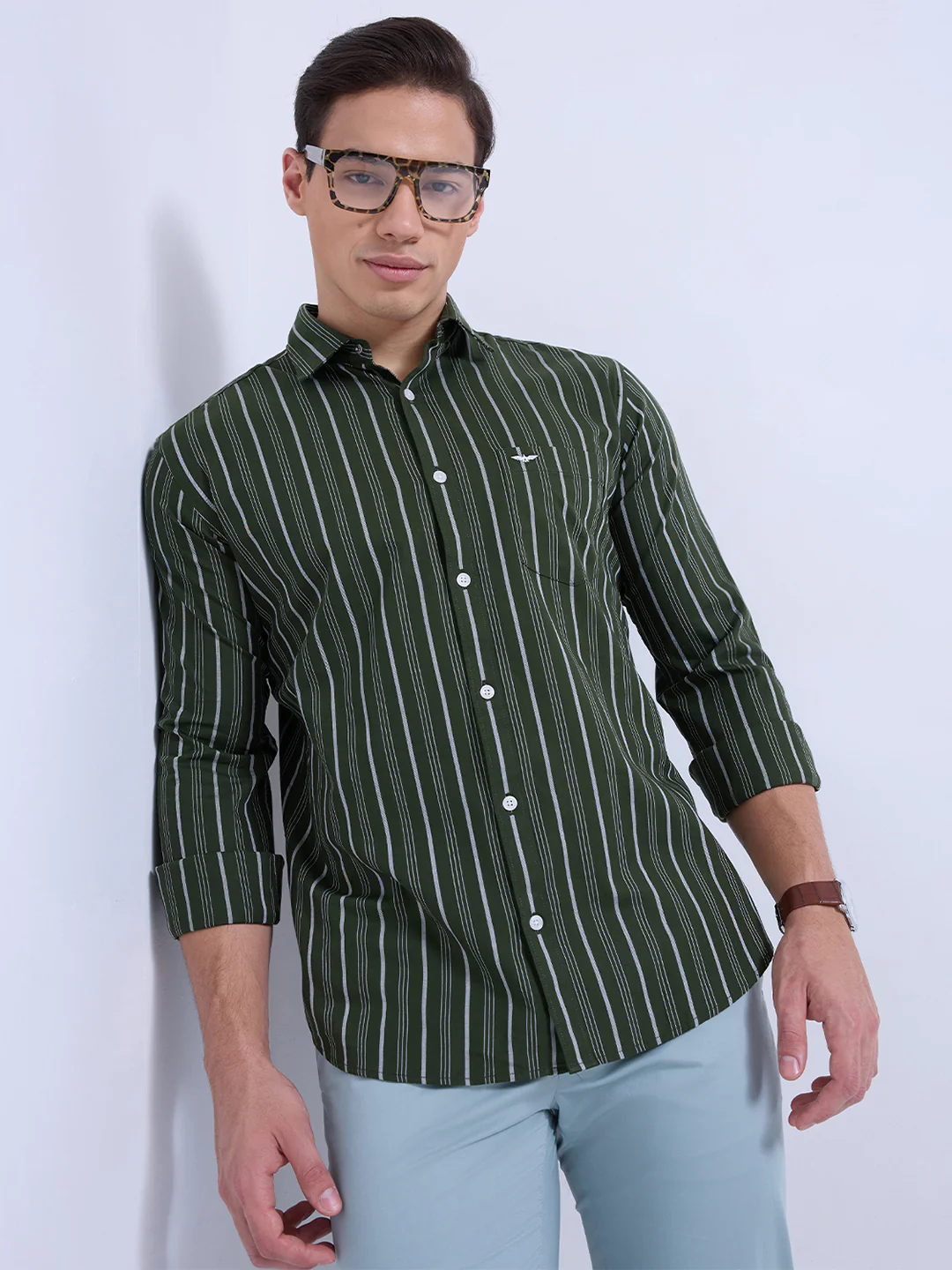 Park Avenue Men Green Stripe Slim Fit Cotton Casual Shirt
