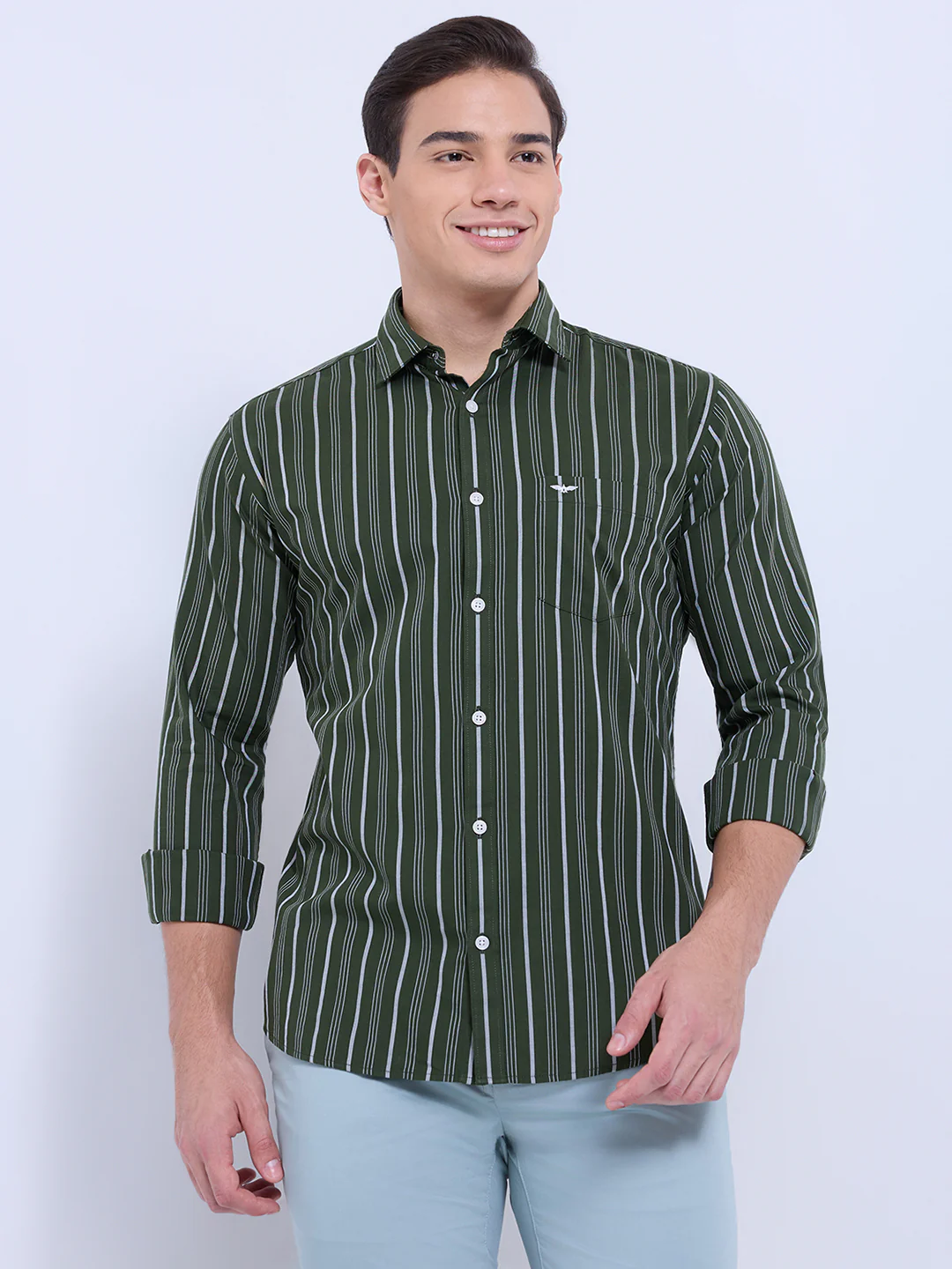 Park Avenue Men Green Stripe Slim Fit Cotton Casual Shirt - Image 2