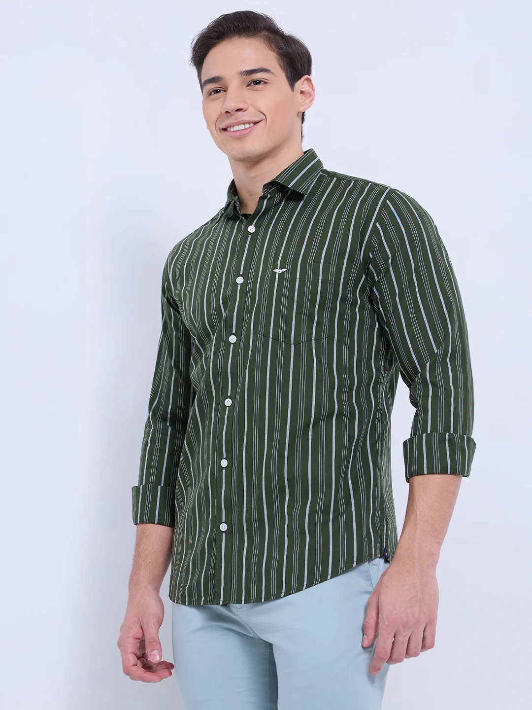 Park Avenue Men Green Stripe Slim Fit Cotton Casual Shirt - Image 3