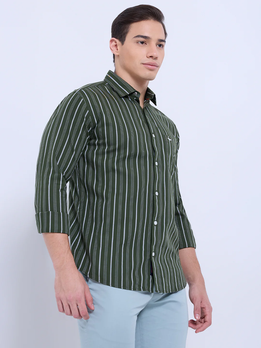 Park Avenue Men Green Stripe Slim Fit Cotton Casual Shirt - Image 4