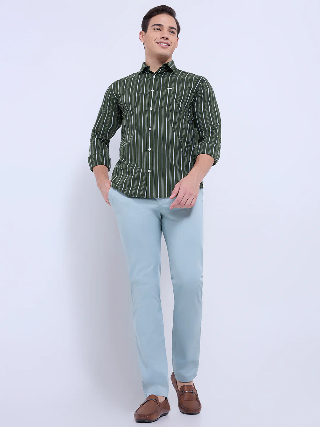 Park Avenue Men Green Stripe Slim Fit Cotton Casual Shirt - Image 6