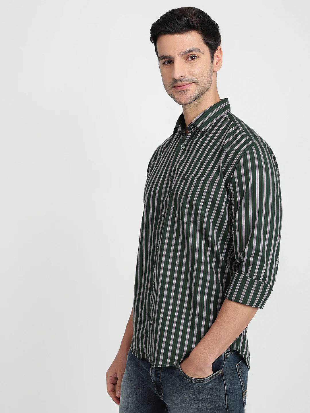 Park Avenue Men Green Stripe Slim Fit Cotton Full Sleeve Casual Shirt - Image 2