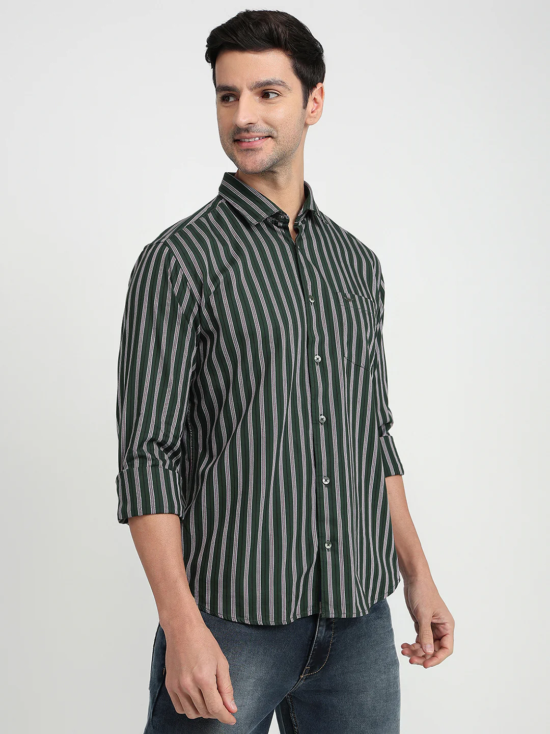 Park Avenue Men Green Stripe Slim Fit Cotton Full Sleeve Casual Shirt - Image 3