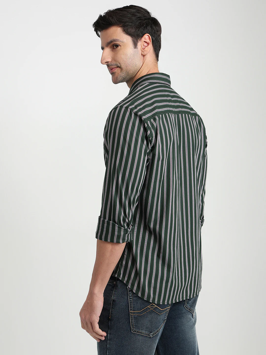 Park Avenue Men Green Stripe Slim Fit Cotton Full Sleeve Casual Shirt - Image 4