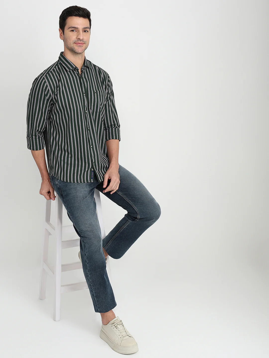 Park Avenue Men Green Stripe Slim Fit Cotton Full Sleeve Casual Shirt - Image 5