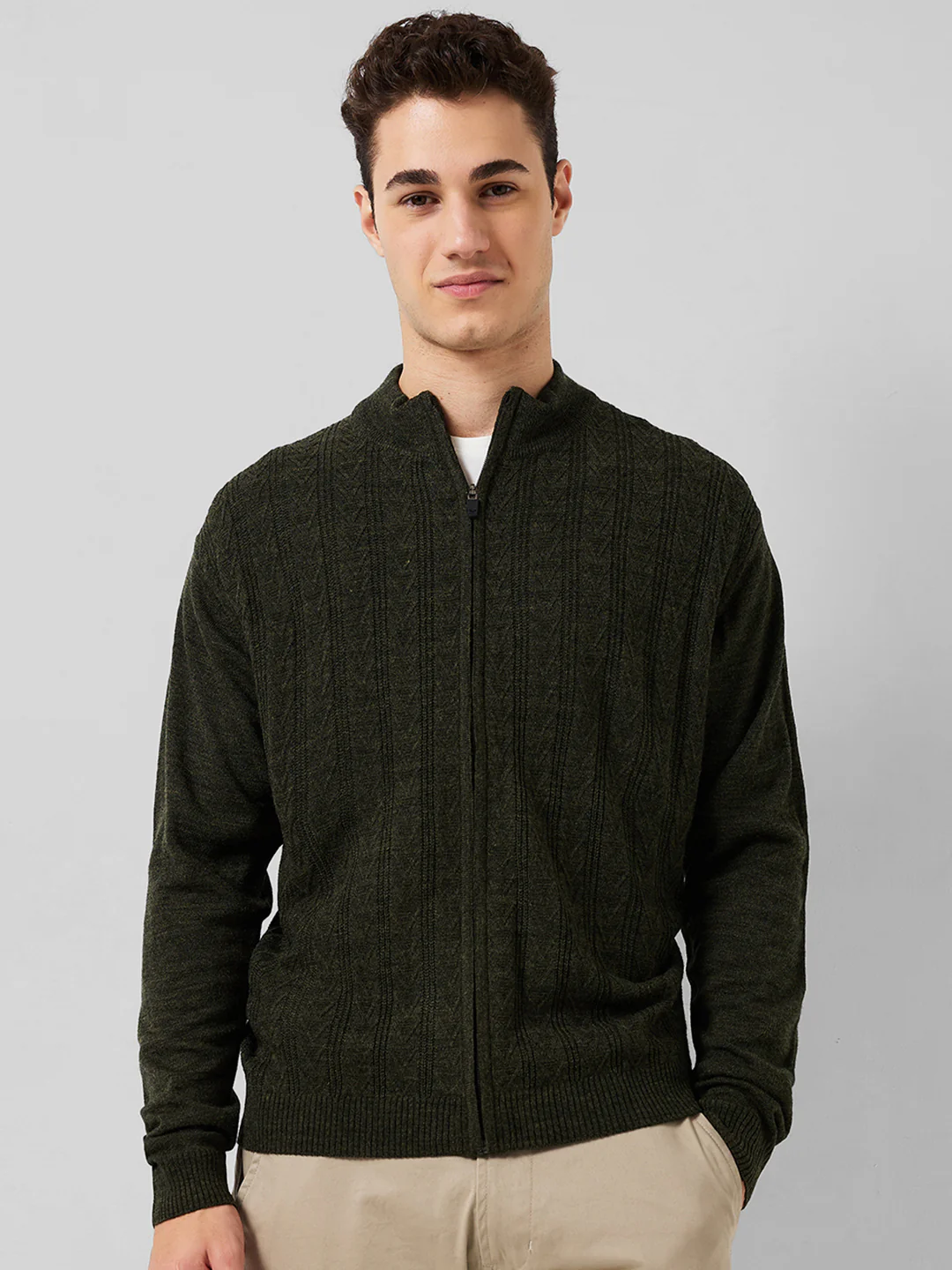 Park Avenue Men Green Structure Regular Fit Acrylic Sweaters