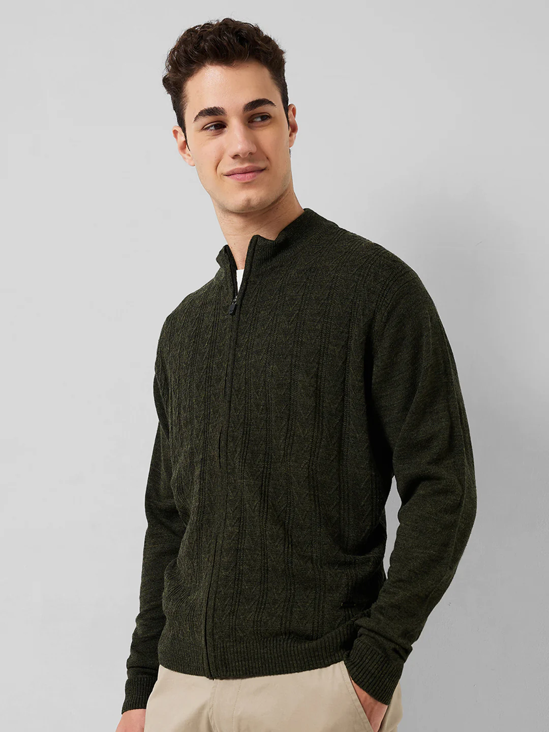 Park Avenue Men Green Structure Regular Fit Acrylic Sweaters - Image 2