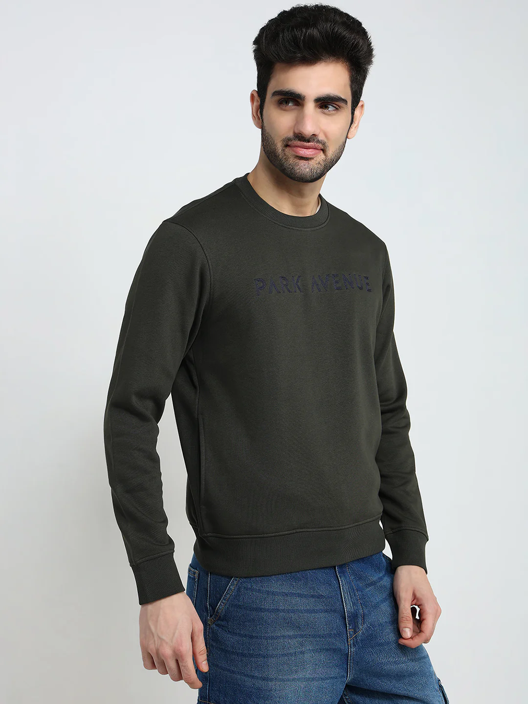 Park Avenue Men Green Structure Slim Fit Cotton Blend Sweatshirt - Image 3