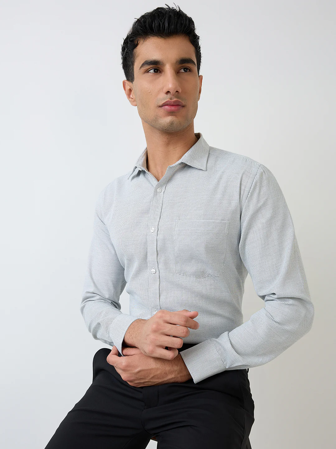 Park Avenue Men Green Structure Slim Fit Polyester Blend Formal Shirt - Image 3