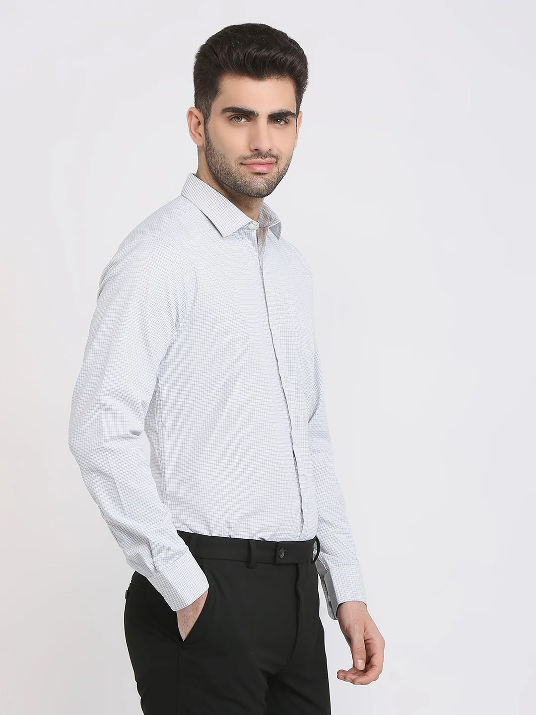 Park Avenue Men Grey Checks Slim Fit Cotton Blend Formal Shirt - Image 3