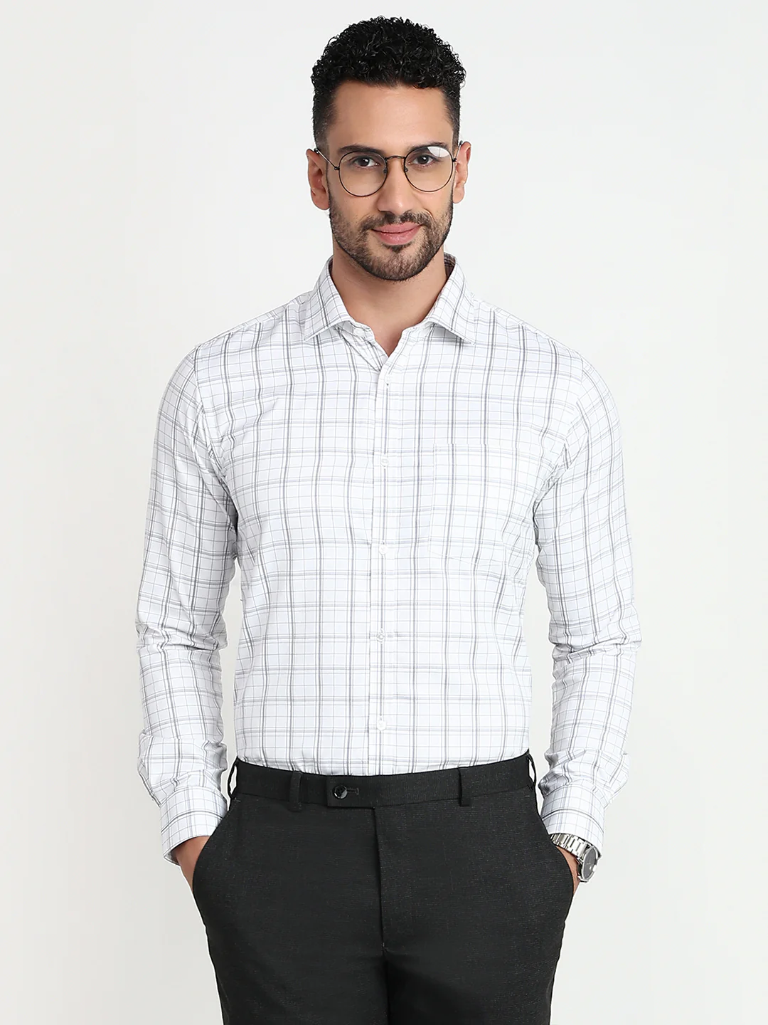 Park Avenue Men Grey Checks Slim Fit Cotton Blend Shirt
