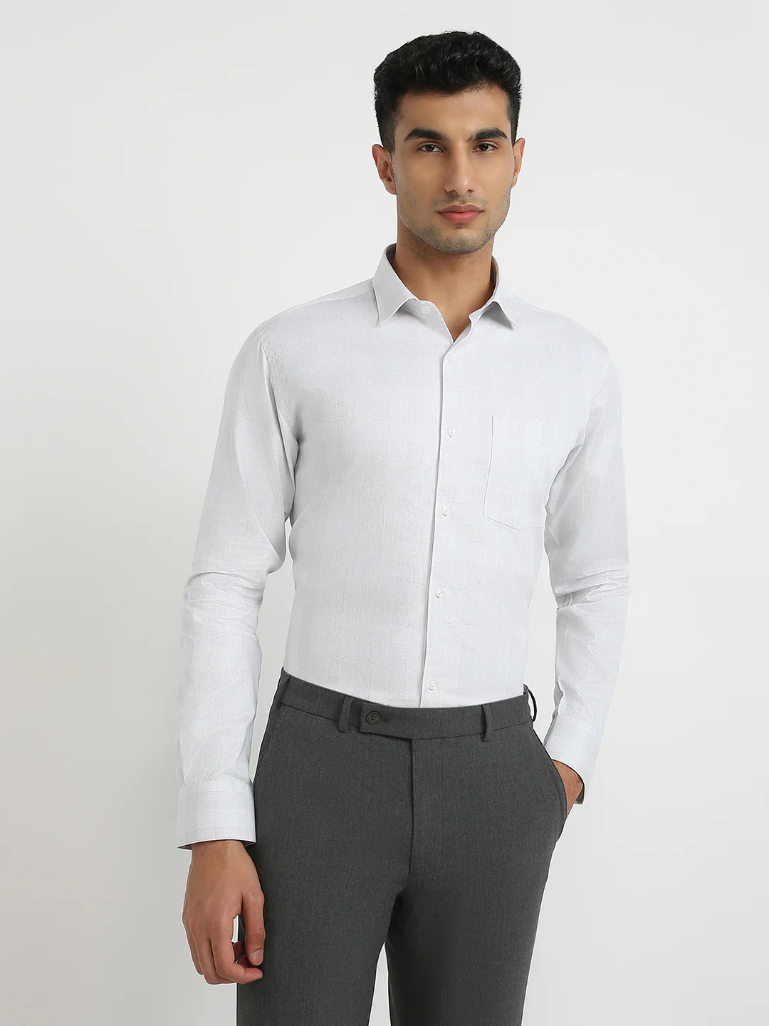 Park Avenue Men Grey Checks Slim Fit Cotton Formal Shirt